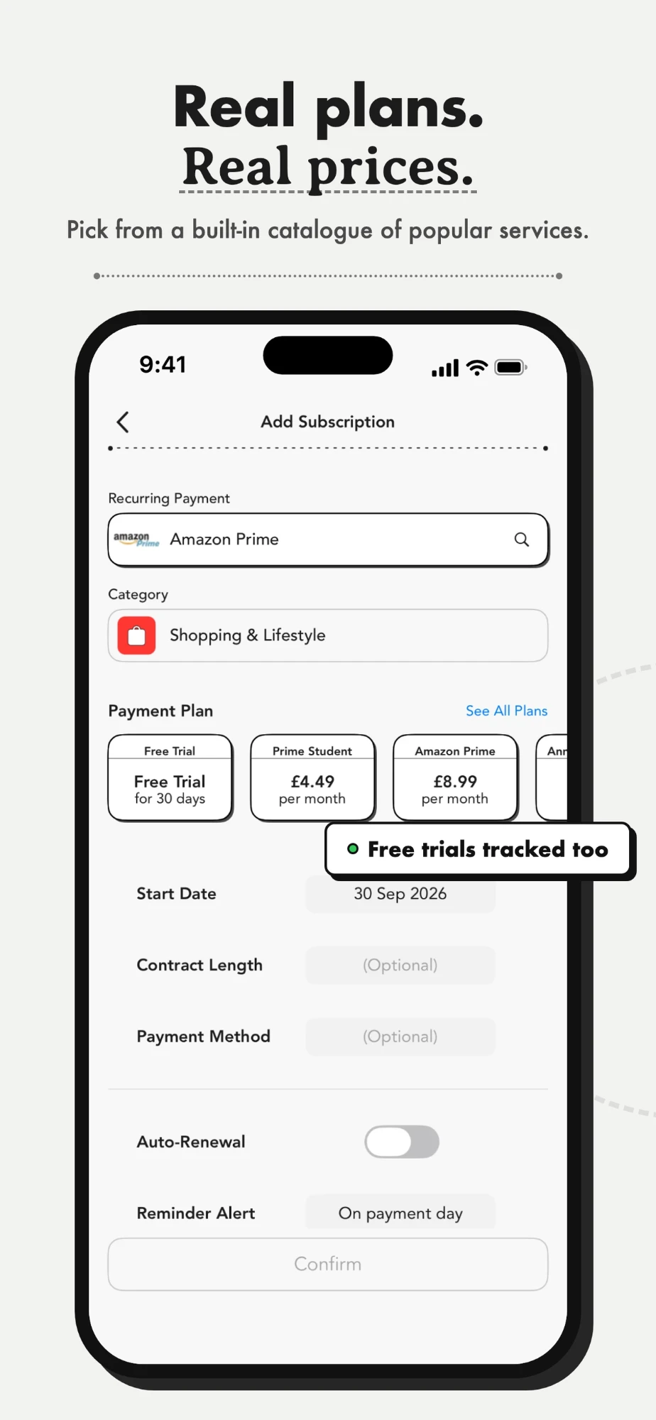 Real plans. Real prices. Adding Amazon Prime from the built-in catalogue of plans, including free trials